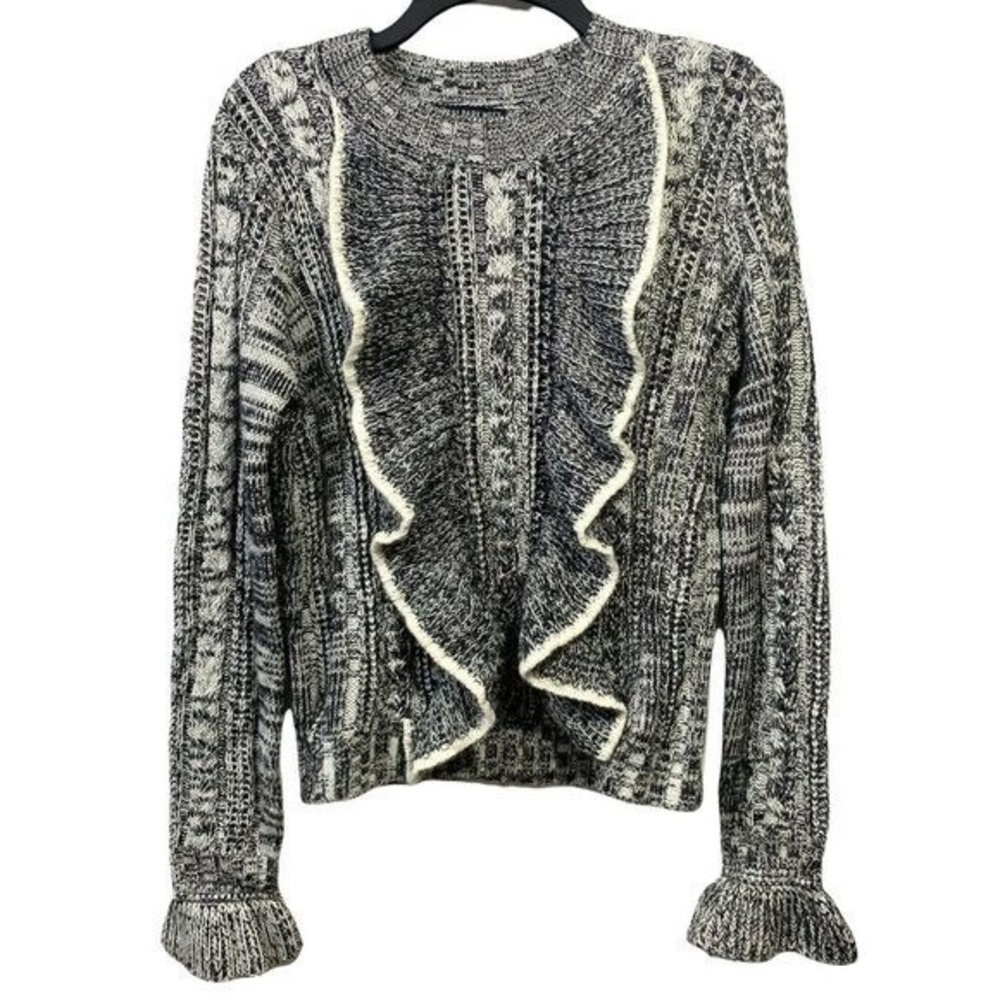Central‎ Park West Sweater Size Large Black Off White Wool Alpaca Ruffle Front